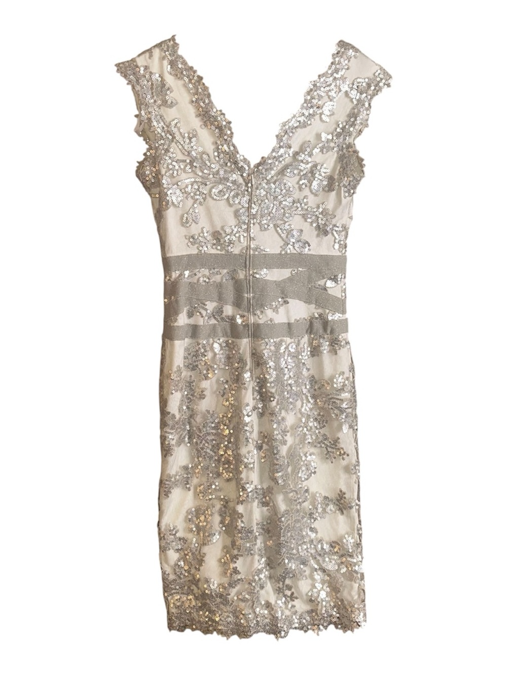 Vintage Cache Ivory and Silver Sequin V-Neck wedding party Dress
